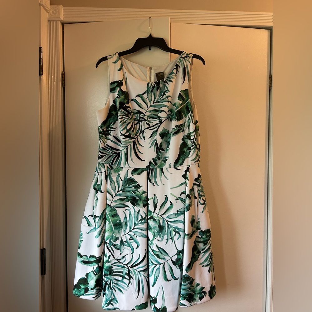 Taylor Sleeveless White Dress with Green Tropical Leaf Print size 16